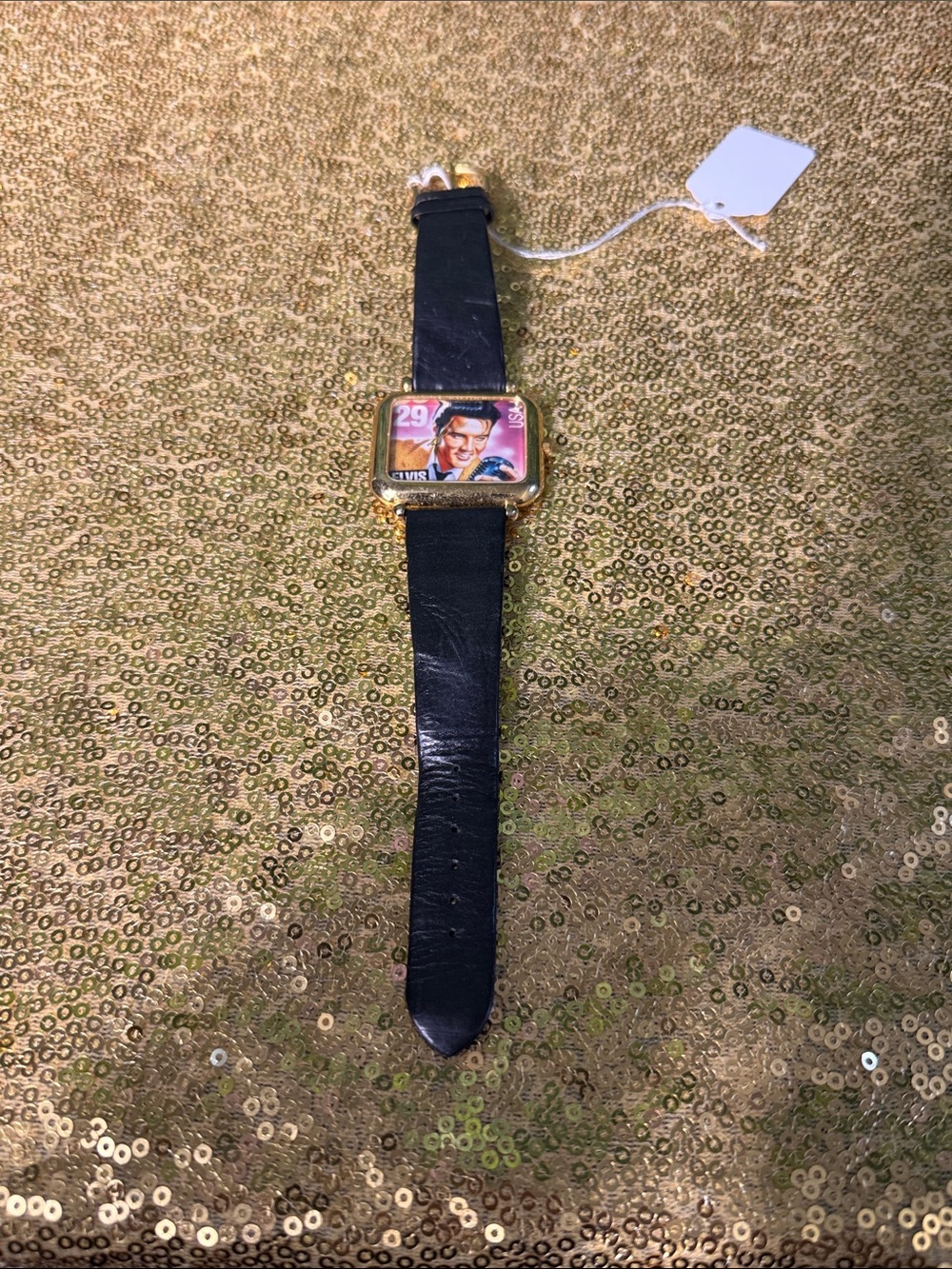 1992 Elvis Gold-Tone Square Watch with Black Leather Strap